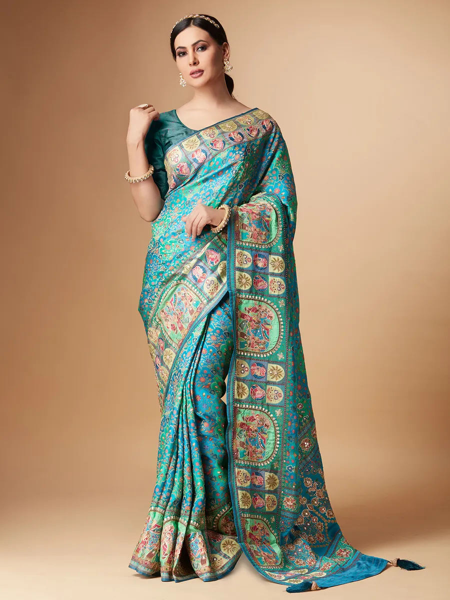 Rama blue printed silk saree