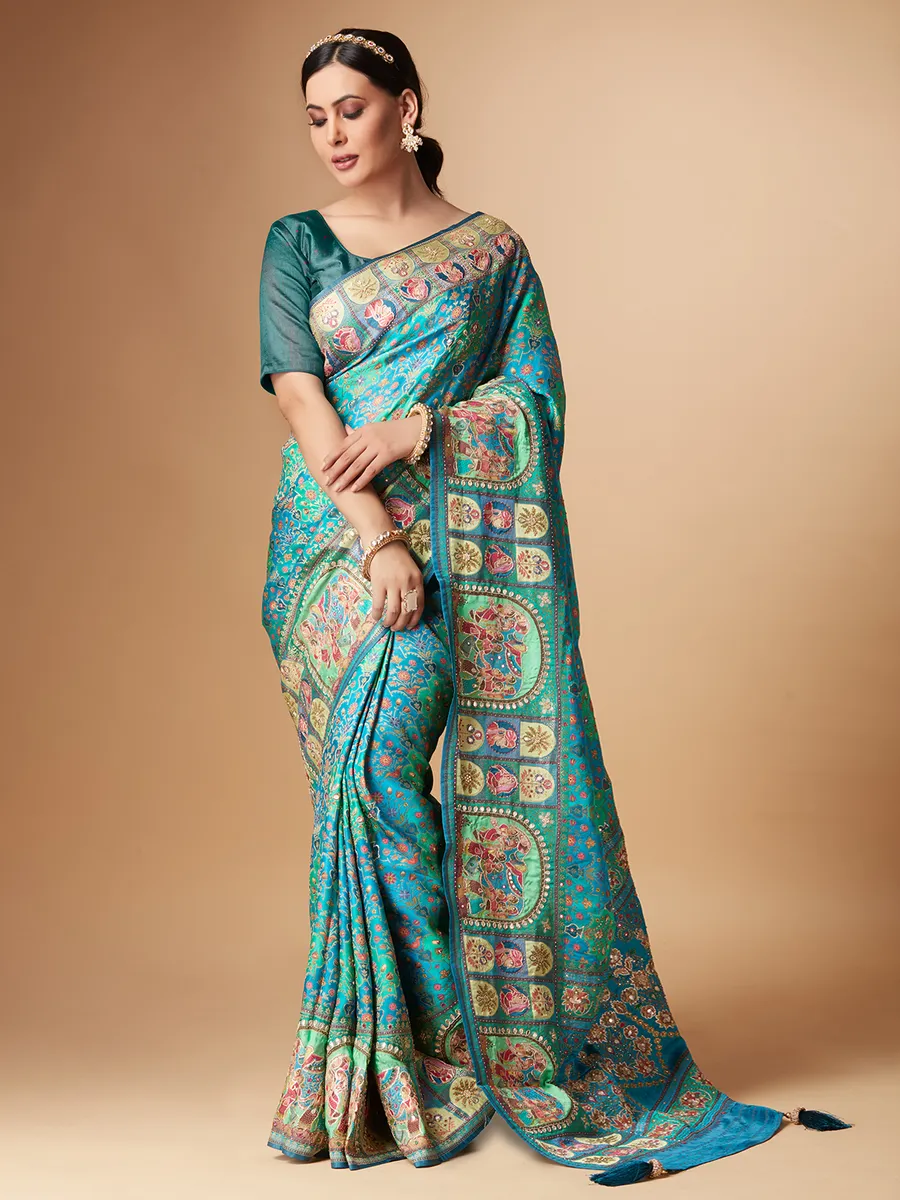 Rama blue printed silk saree