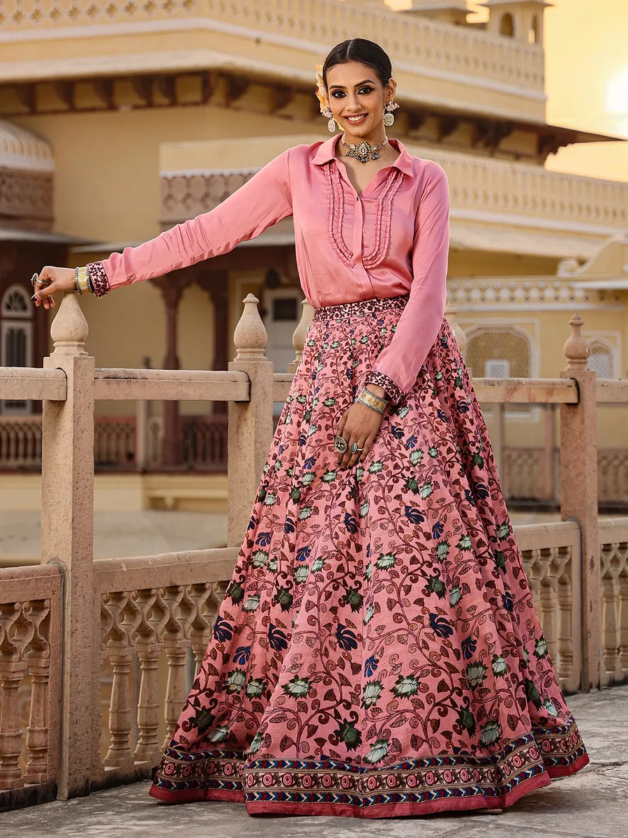 Silk pink floral print shirt with lehenga