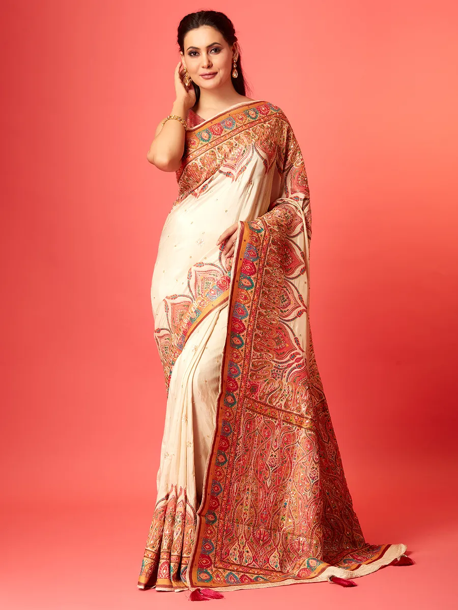 Stunning off-white pashmina silk saree