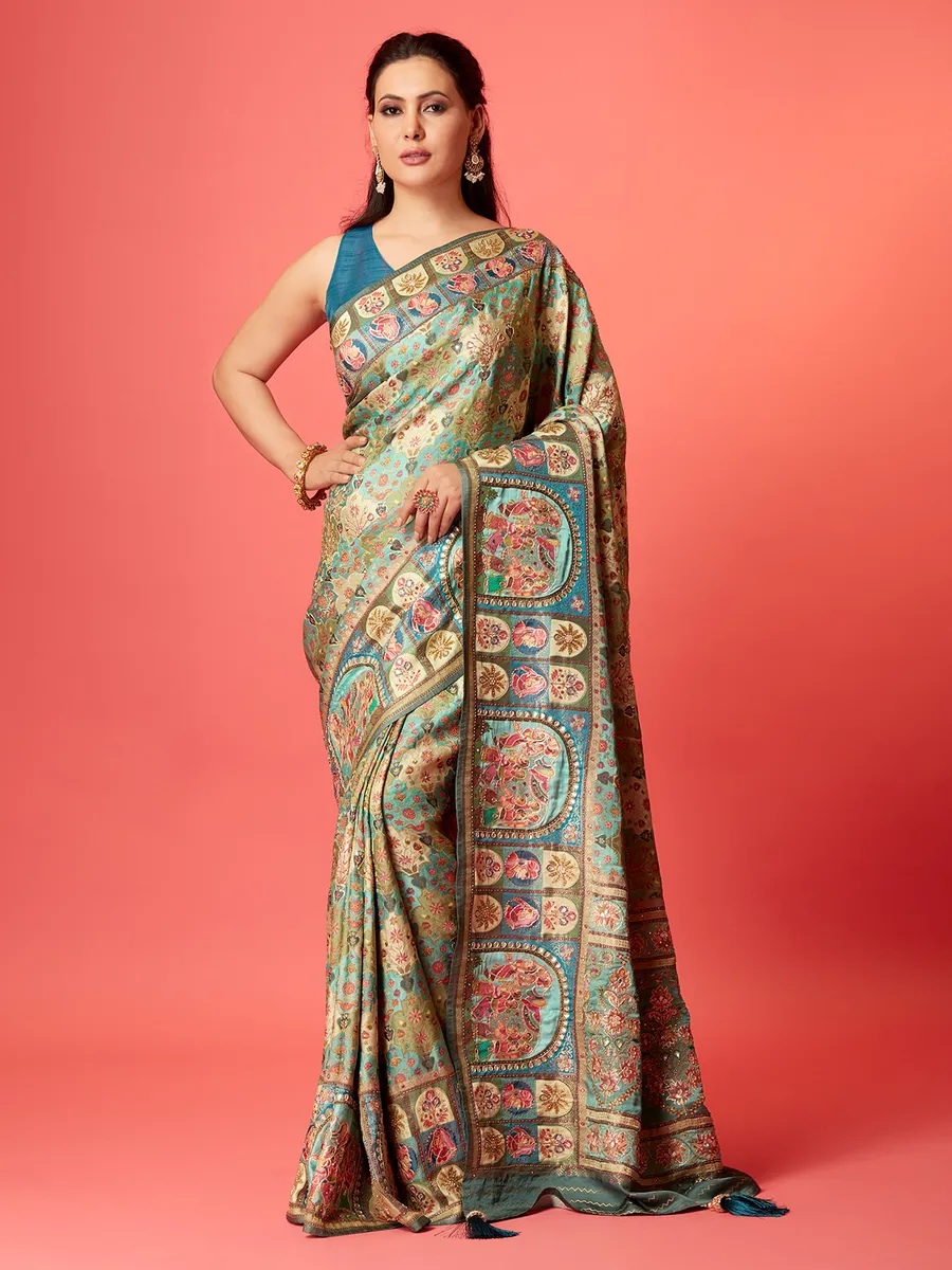 Stylish mint green silk printed saree