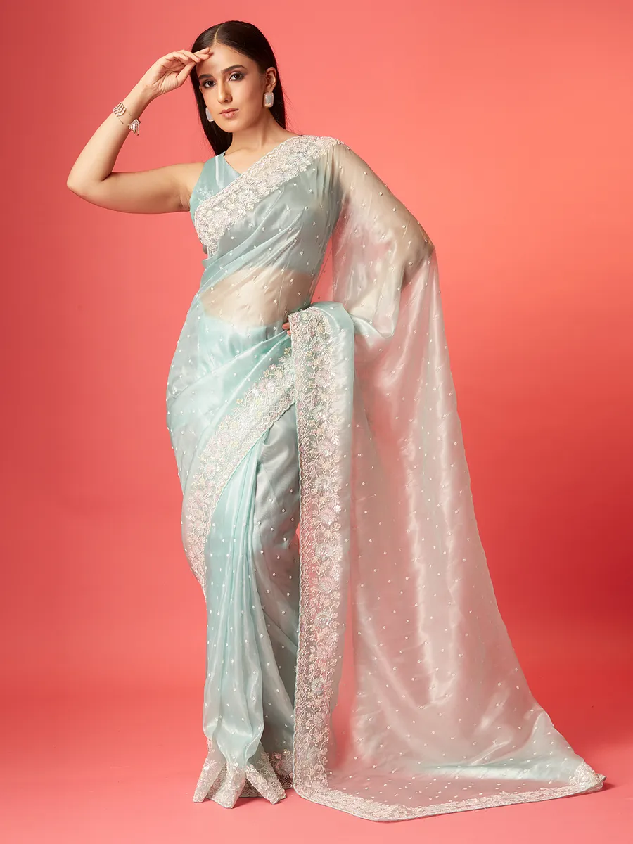 Trendy sky blue soft organza saree