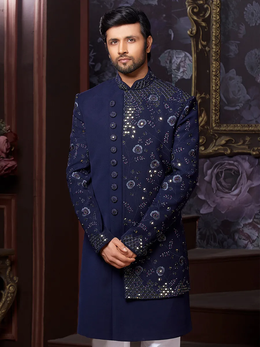 Navy hued indowestern cotton silk for wedding