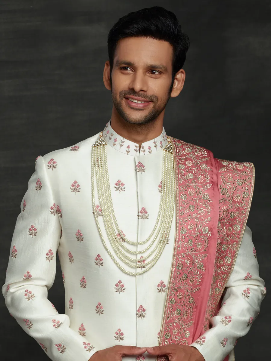 Alluring off white silk sherwani set