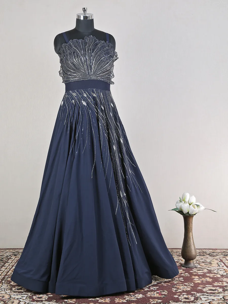 Amazing dark bule georgette reception look gown