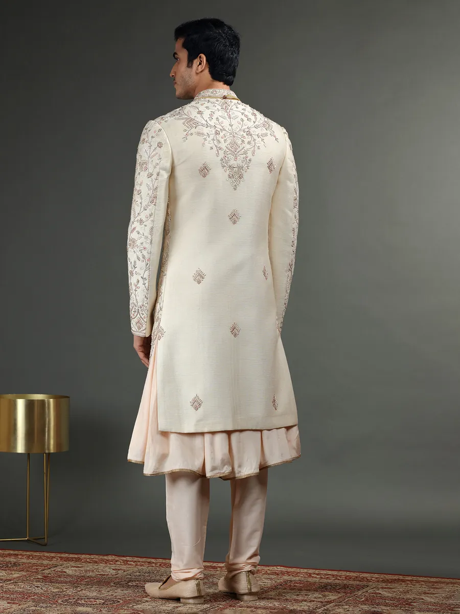 Amazing light peach raw silk sherwani