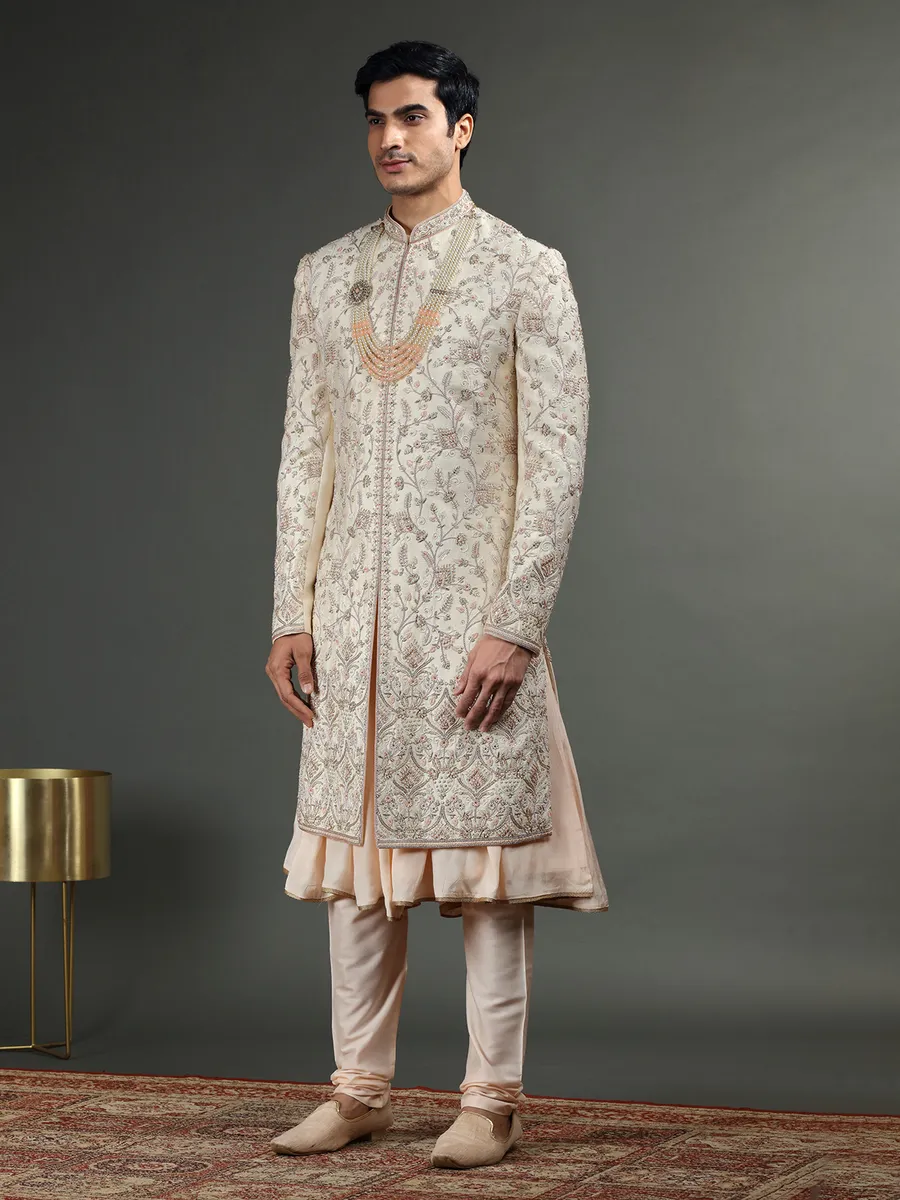 Amazing light peach raw silk sherwani