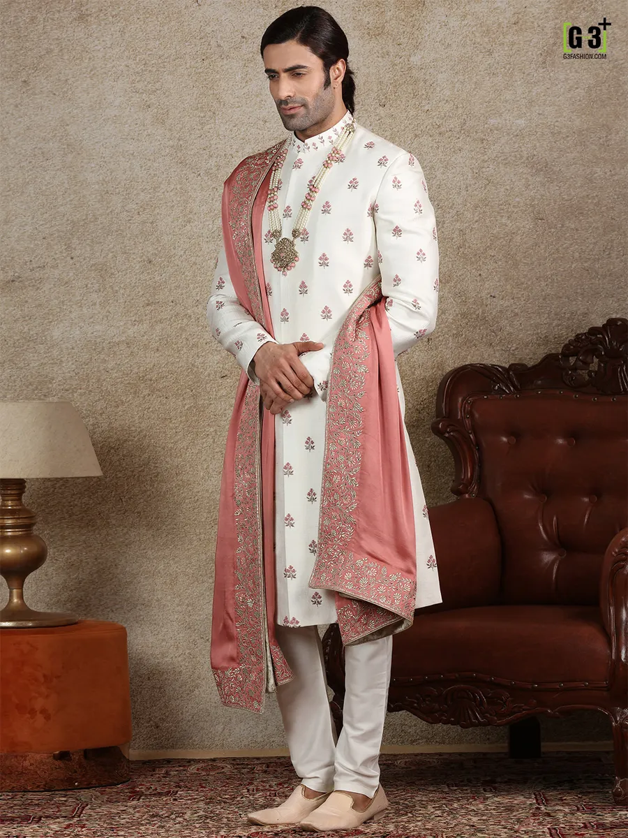 Amazing off white silk sherwani for wedding