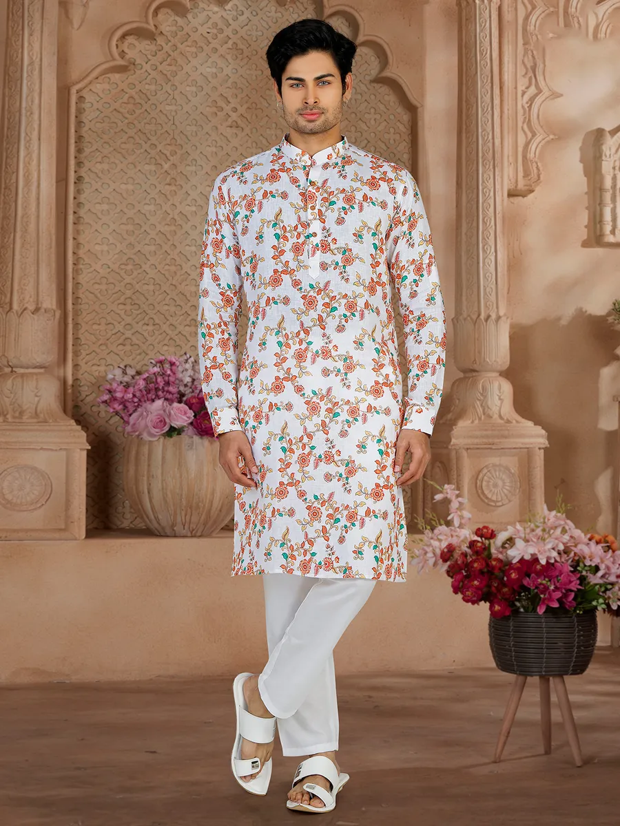 Amazing printed white cotton  Men Kurta pajama