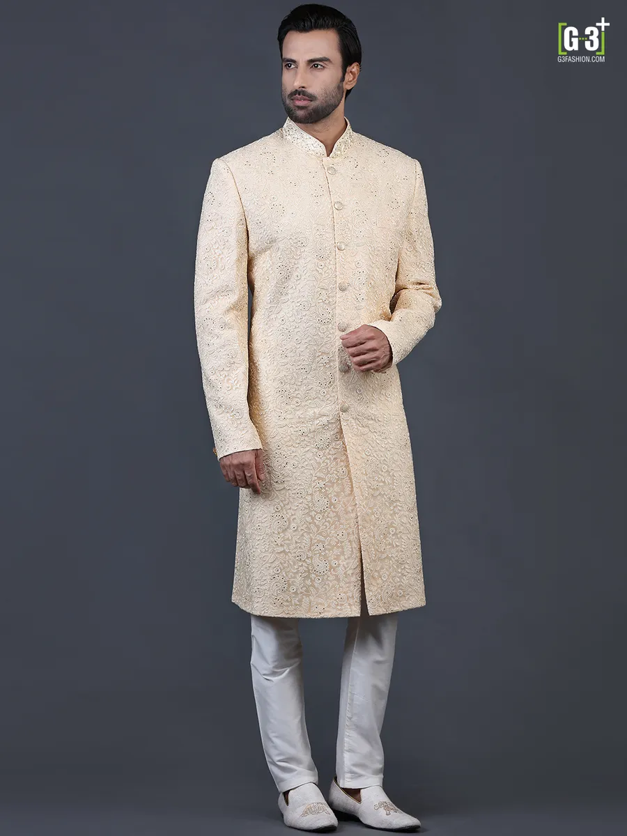 Amazing yellow net sherwani for wedding