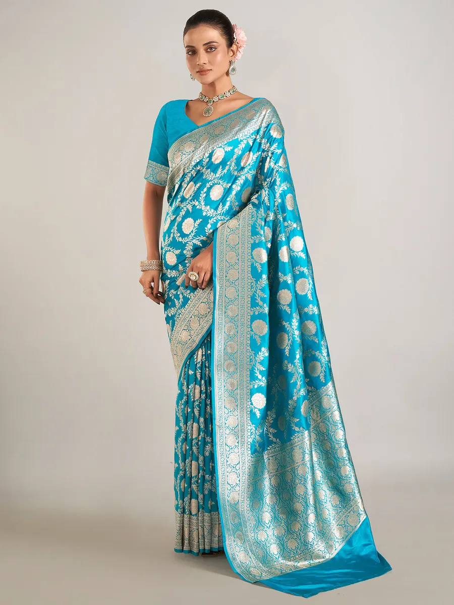 Aqua banarasi silk wedding wear saree in zari work