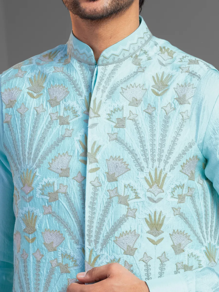 Aqua hue silk waistcoat set for wedding