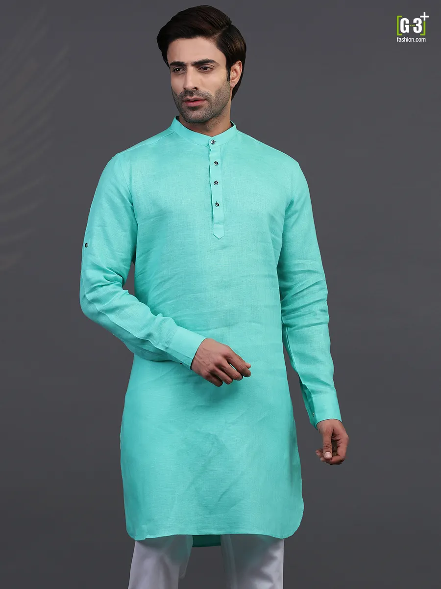 Aqua linen chinese collar only kurta