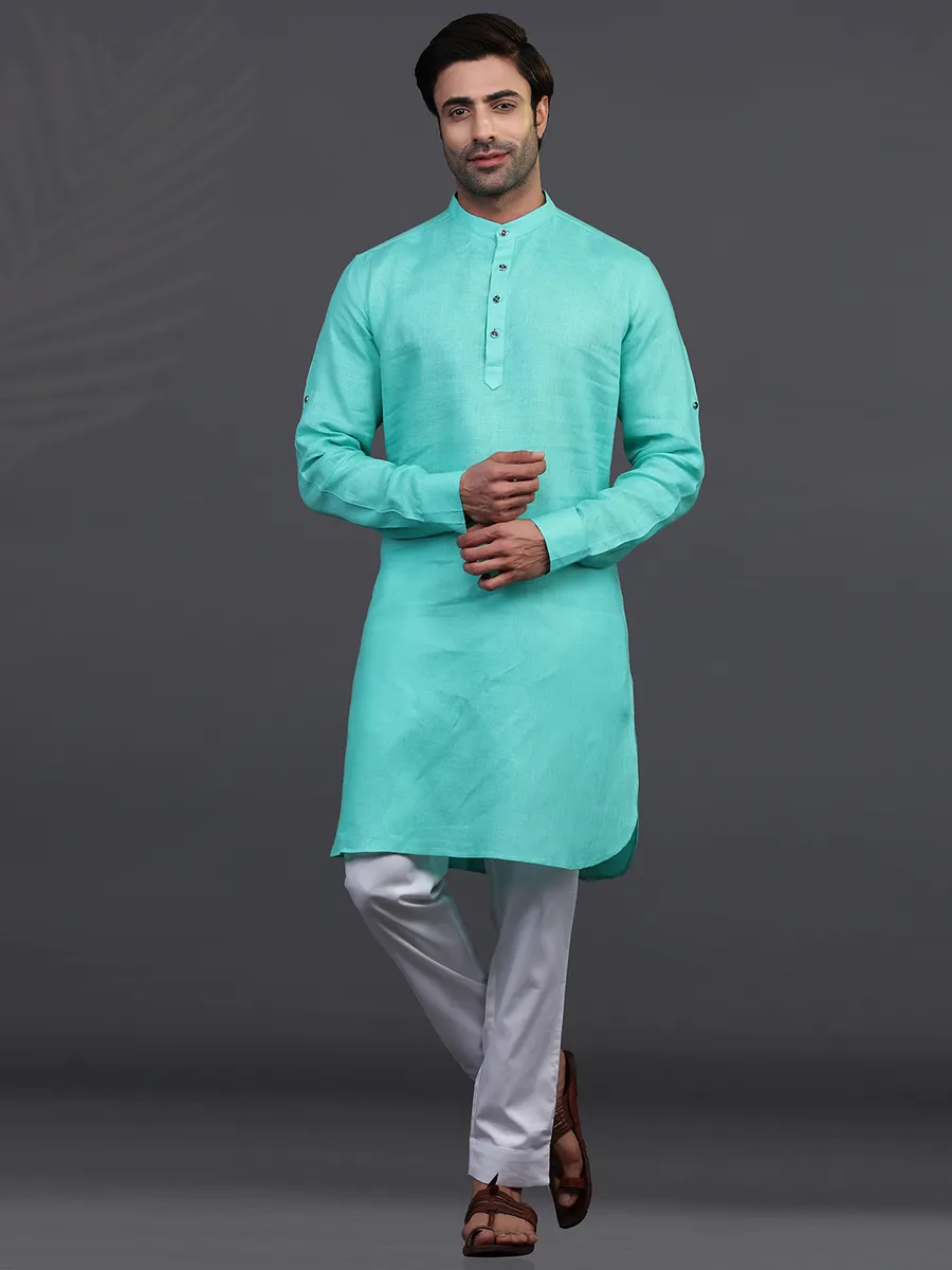 Aqua linen stand collar kurta pajama