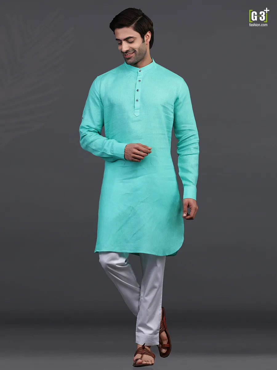 Aqua linen stand collar kurta pajama