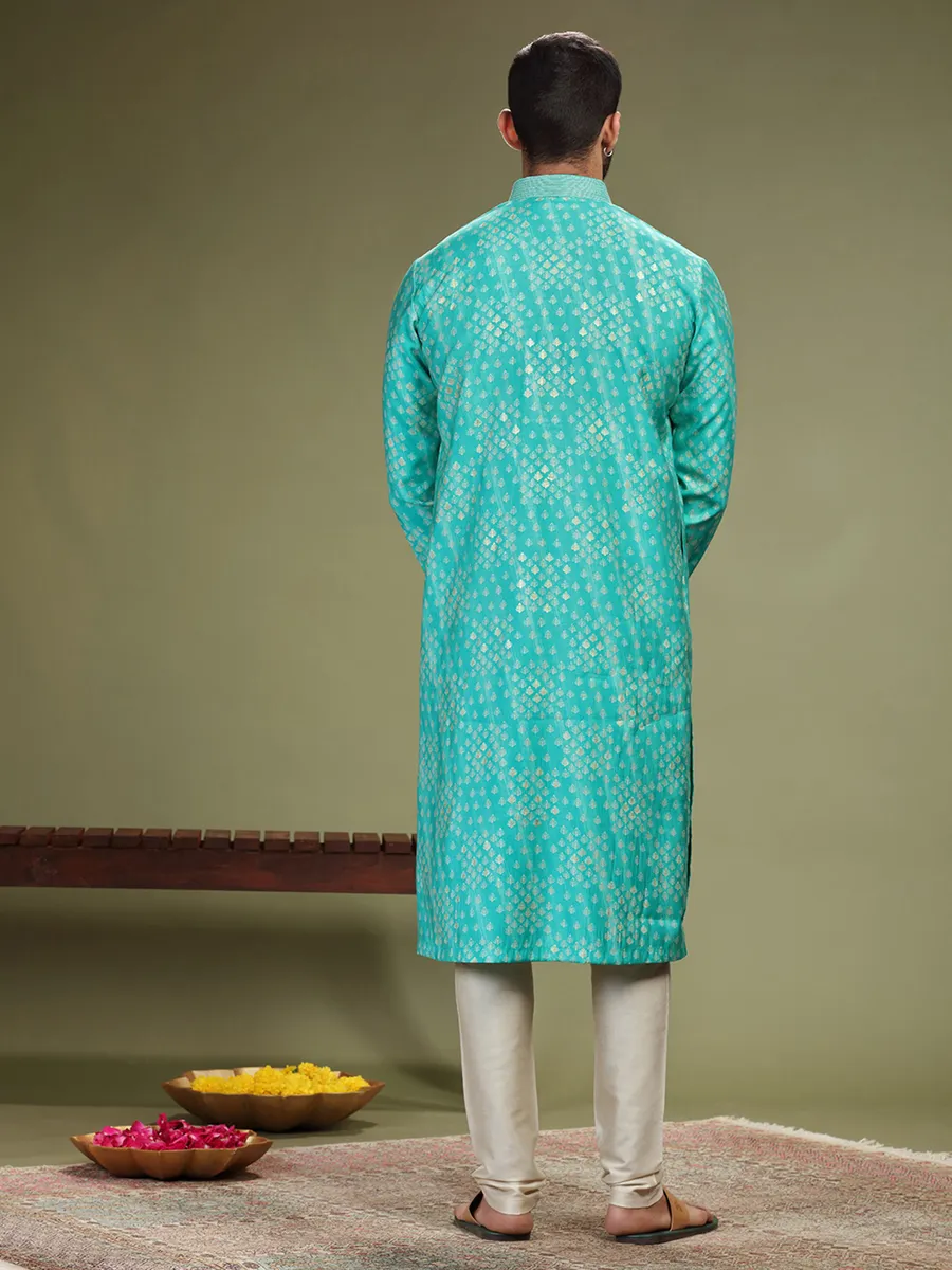 Aqua printed cotton silk  Men Kurta pajama