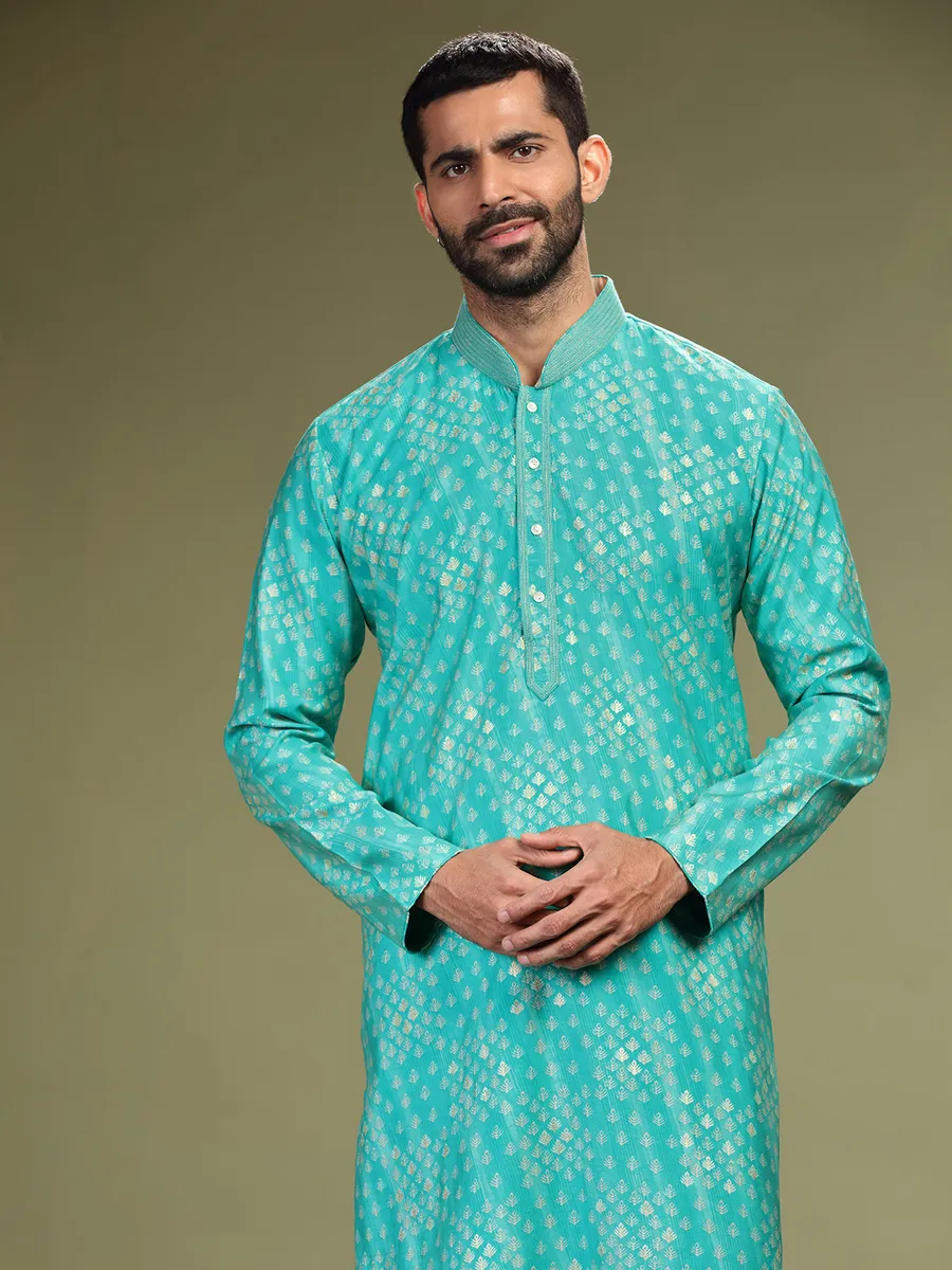 Aqua printed cotton silk  Men Kurta pajama