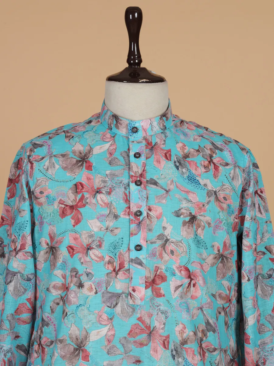 Aqua printed cotton silk kurta suit for men