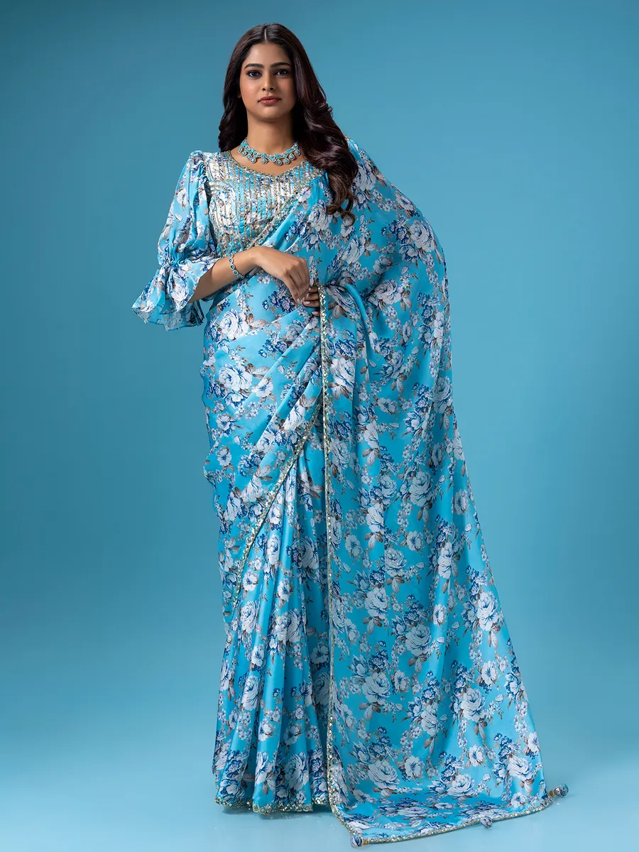 Aqua printed mashru silk saree