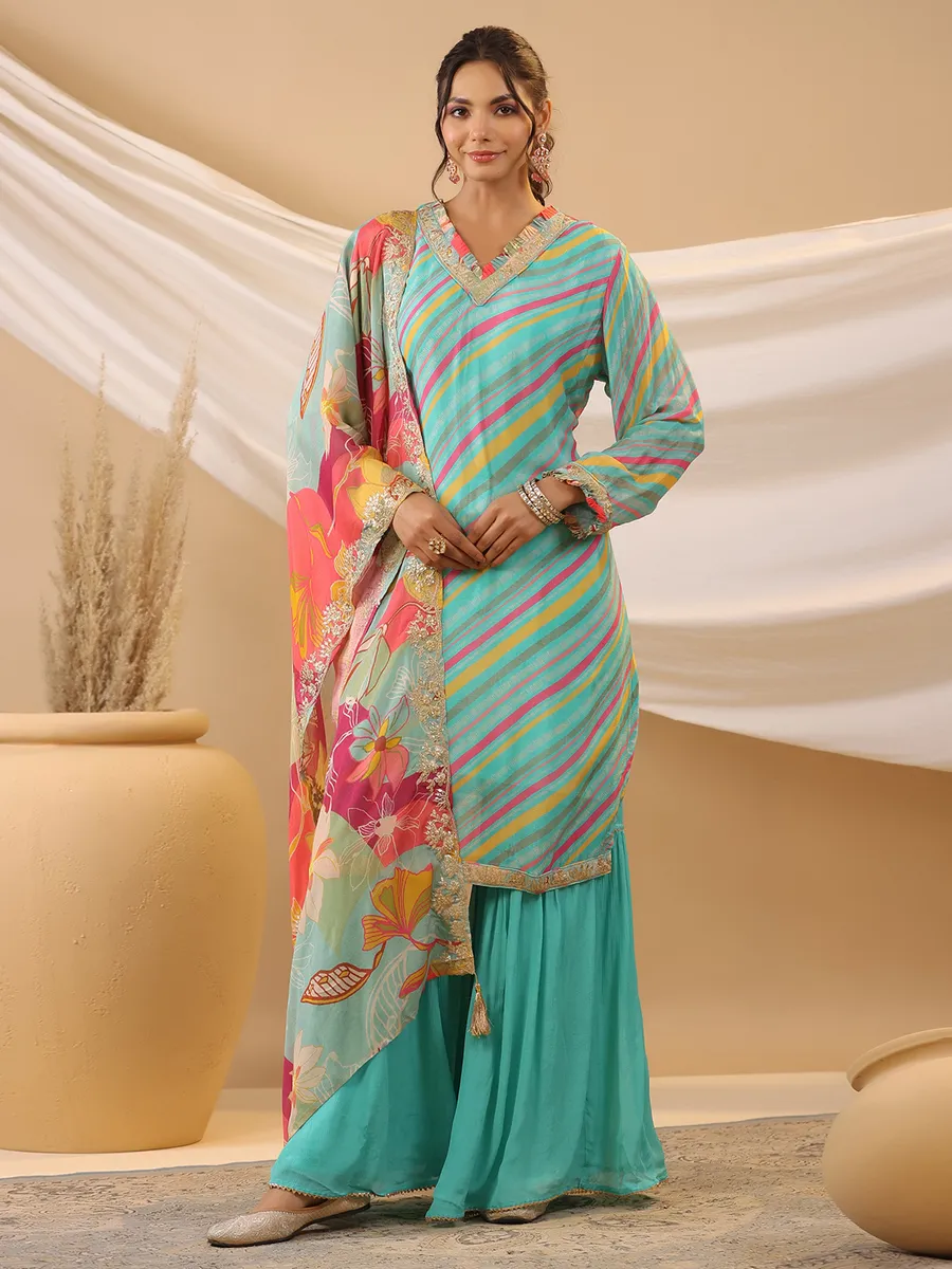 Aqua silk printed sharara set with dupatta