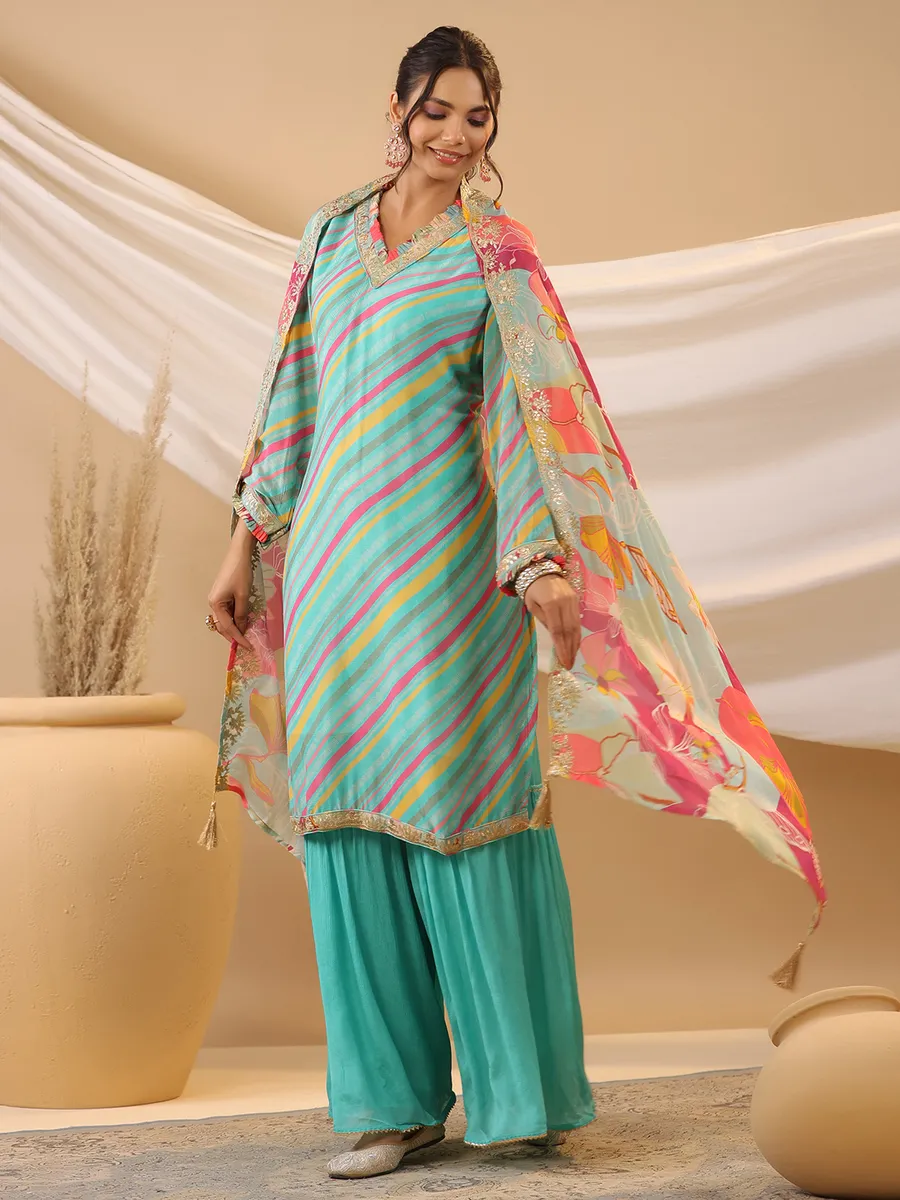 Aqua silk printed sharara set with dupatta