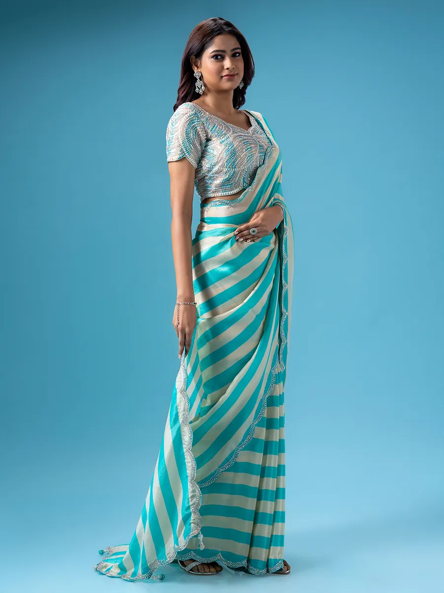Aqua stripe mashru silk saree
