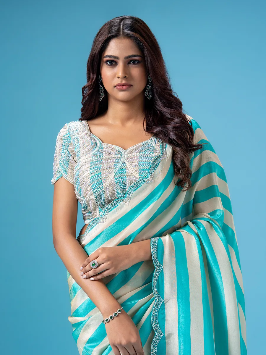 Aqua stripe mashru silk saree