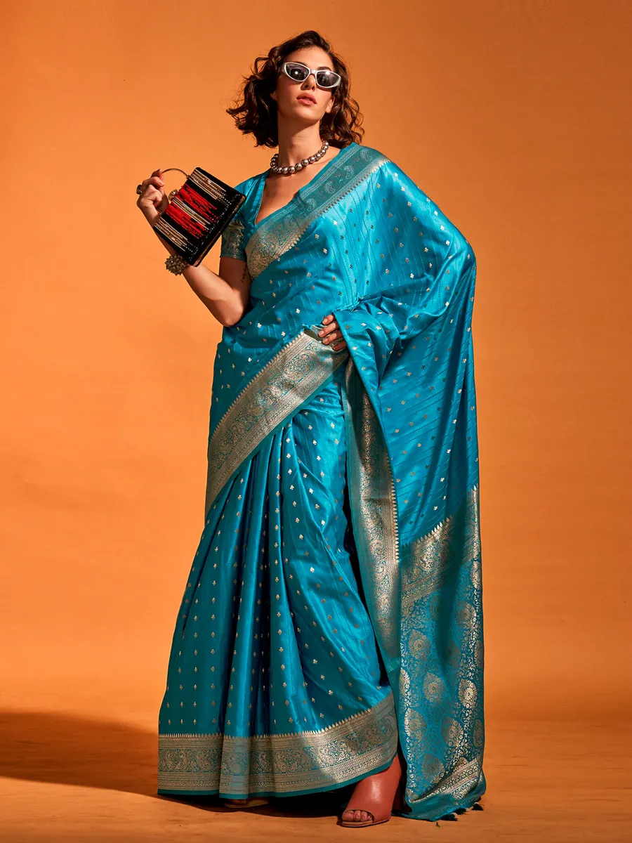 Attractive aqua satin silk saree