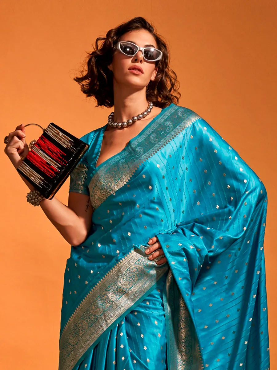 Attractive aqua satin silk saree