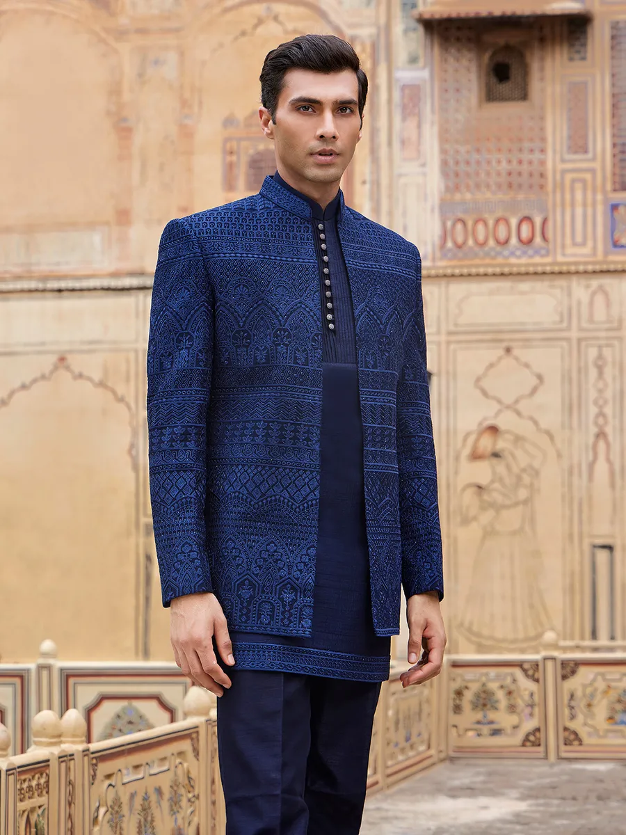 Attractive dark blue silk indowestern