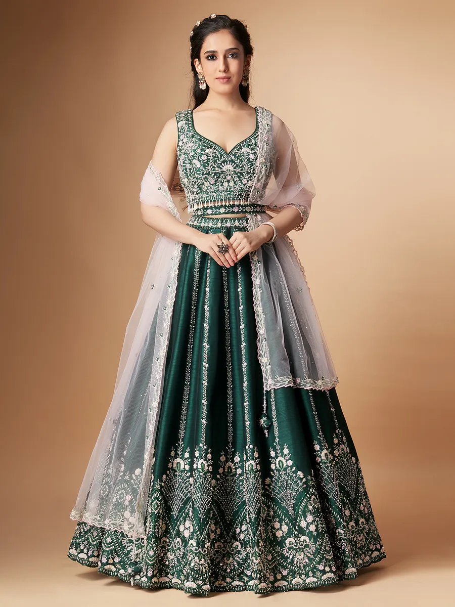 Attractive dark green raw silk lehenga choli