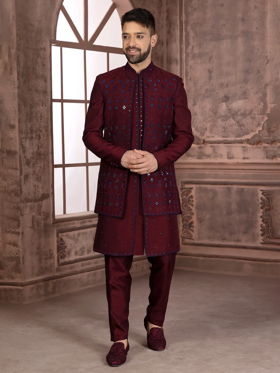 Attractive maroon silk indowestern