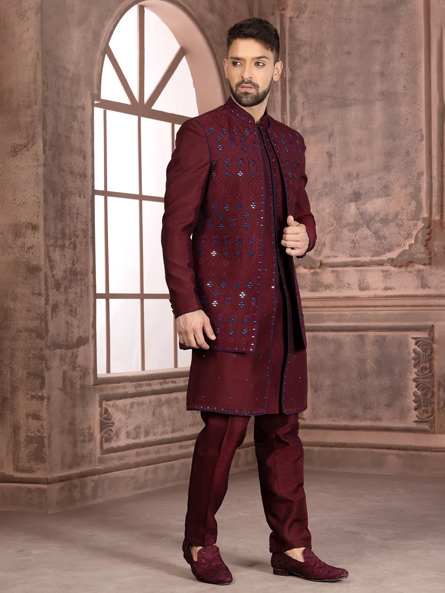 Attractive maroon silk indowestern