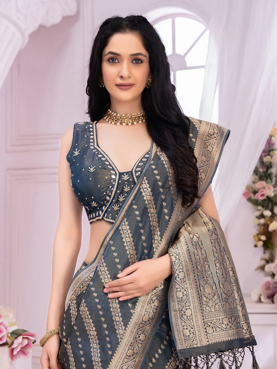 Attractive navy tissue silk saree