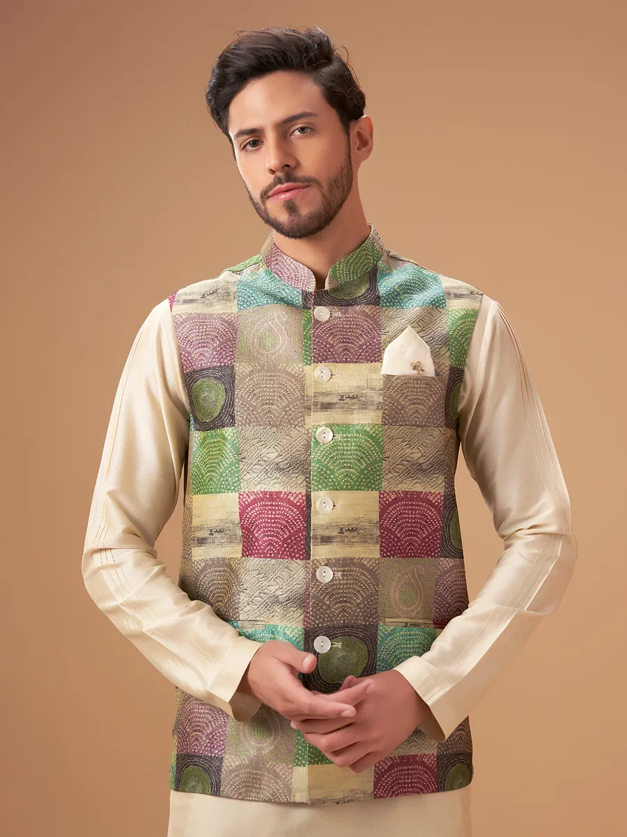 Attractive printed multi color waistcoat set