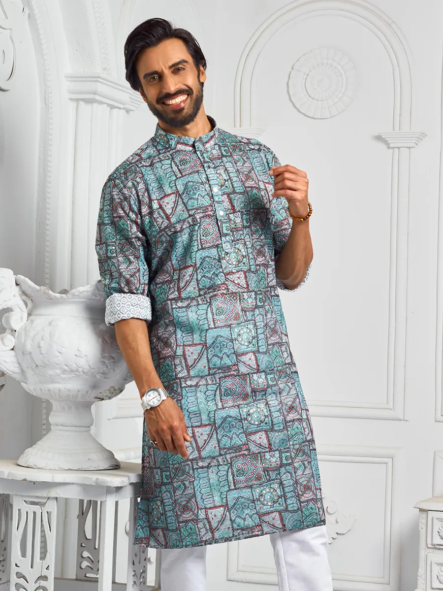 Attractive printed stone blue kurta