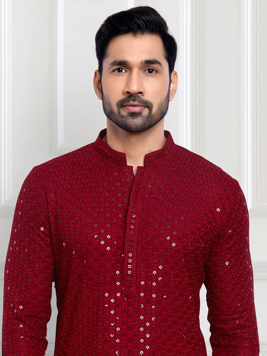 Attractive red embroidery  Men Kurta pajama