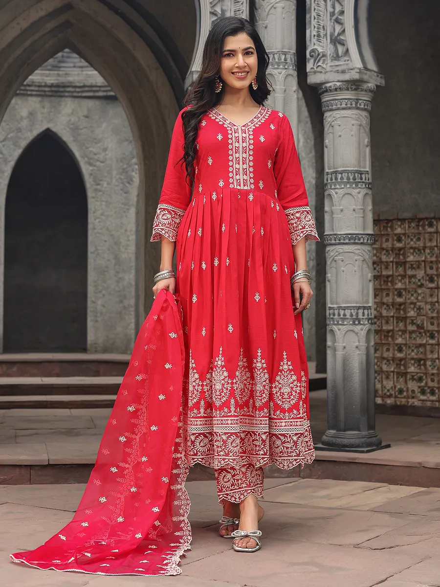 Attractive red silk kurti set with dupatta