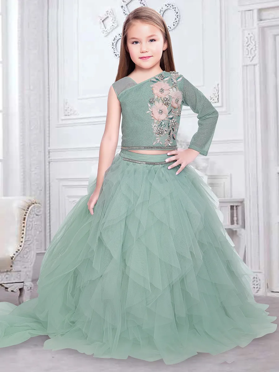 Attractive sage green wedding net lehenga choli