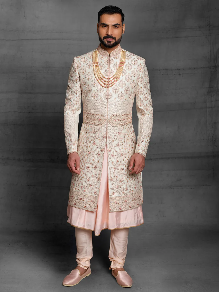Attractive wedding wear silk sherwani in cream color