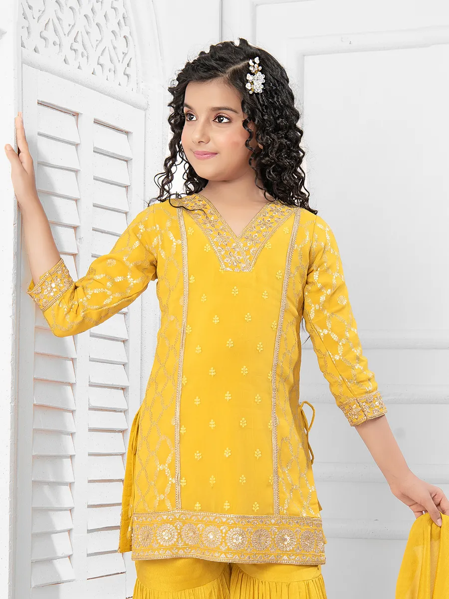 Attractive yellow silk sharara suit