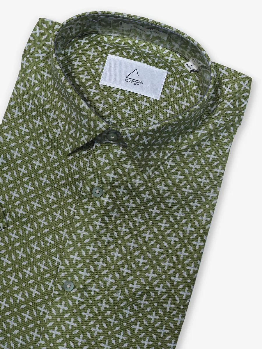 AVEGA green printed linen half sleeves shirt