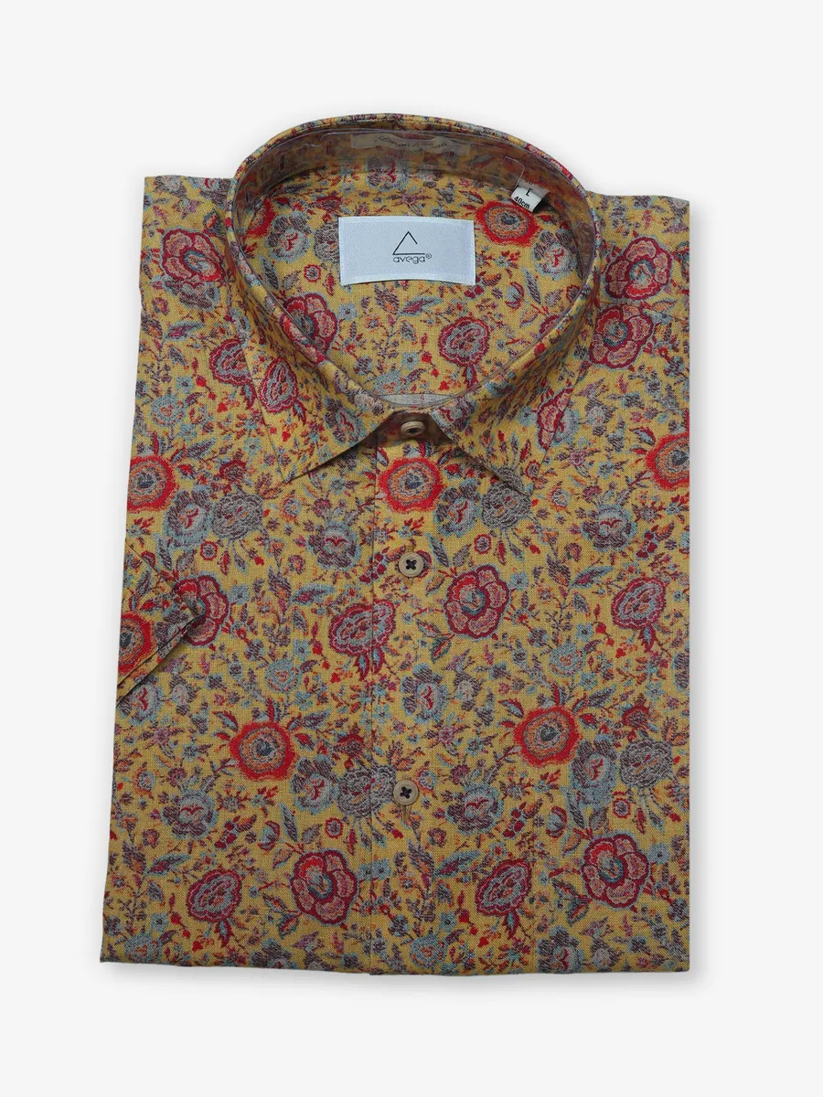AVEGA mustard yellow printed linen shirt
