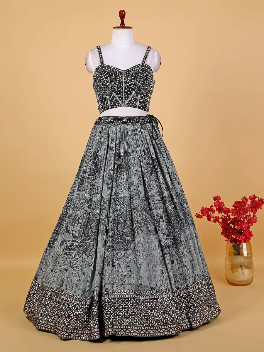 Awesome grey silk printed lehenga choli