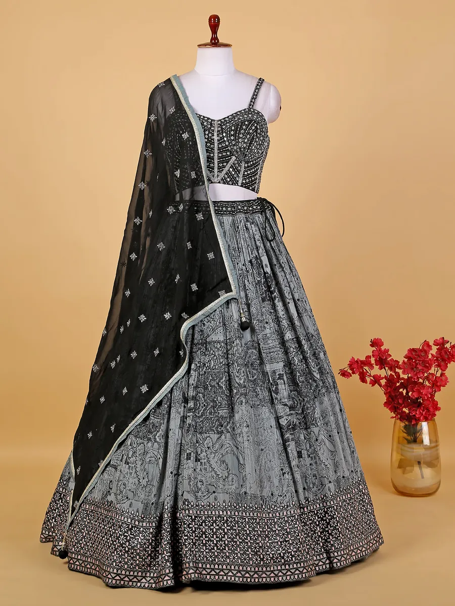 Awesome grey silk printed lehenga choli