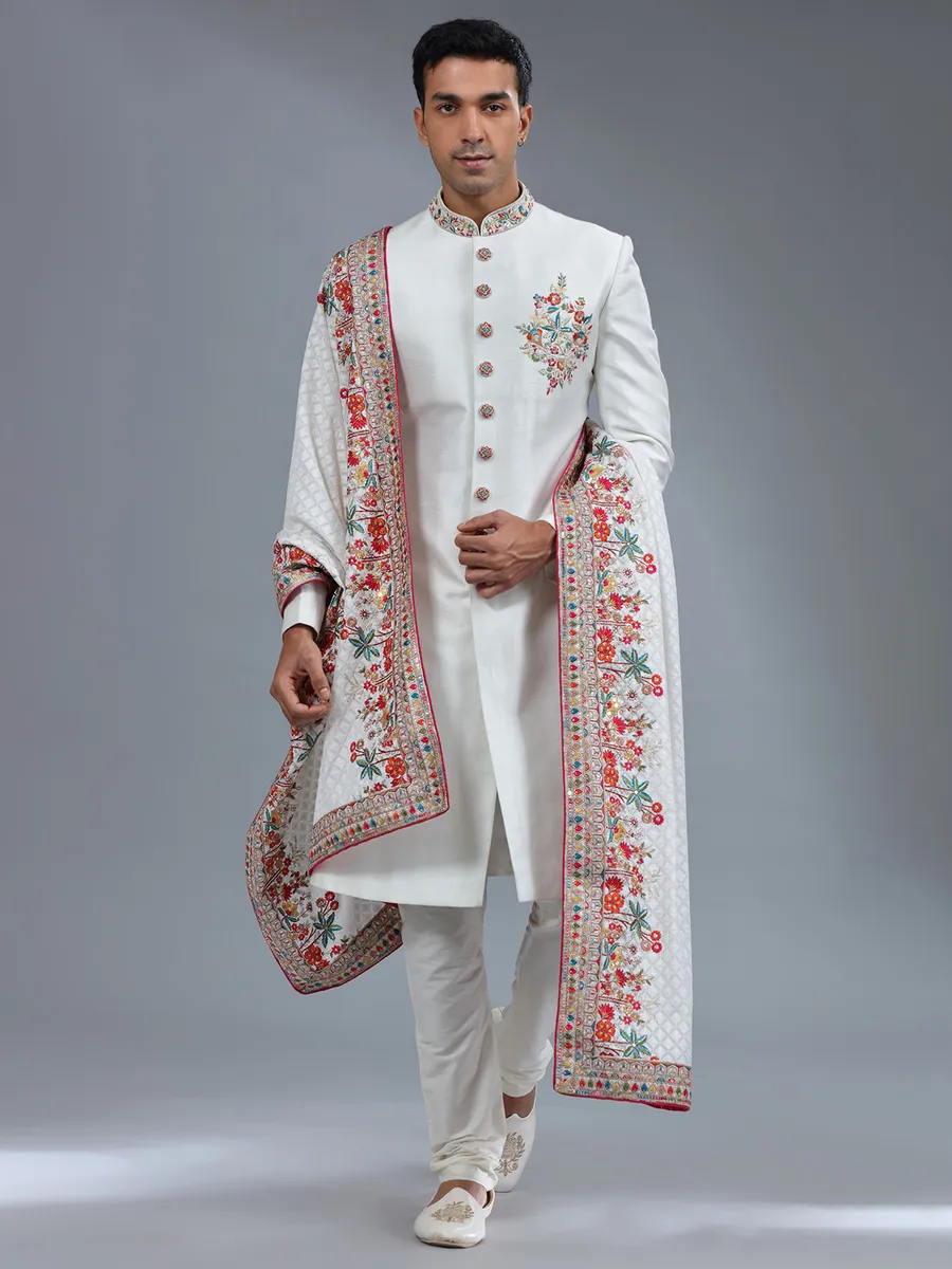 Awesome white silk sherwani for wedding