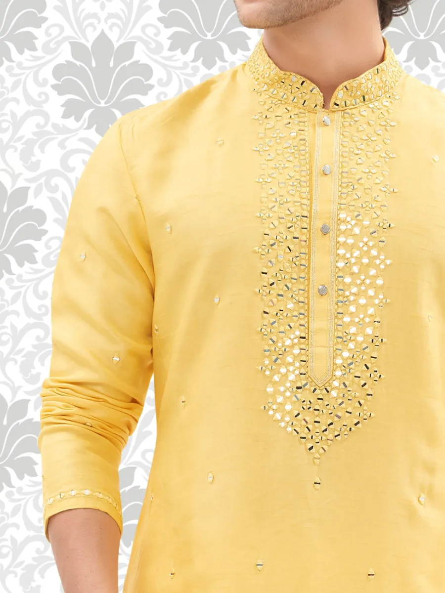 Awesome yellow cotton silk kurta set for men