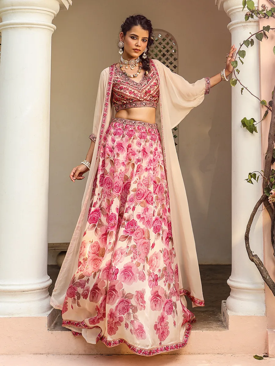 Baby pink floral printed satin lehenga choli