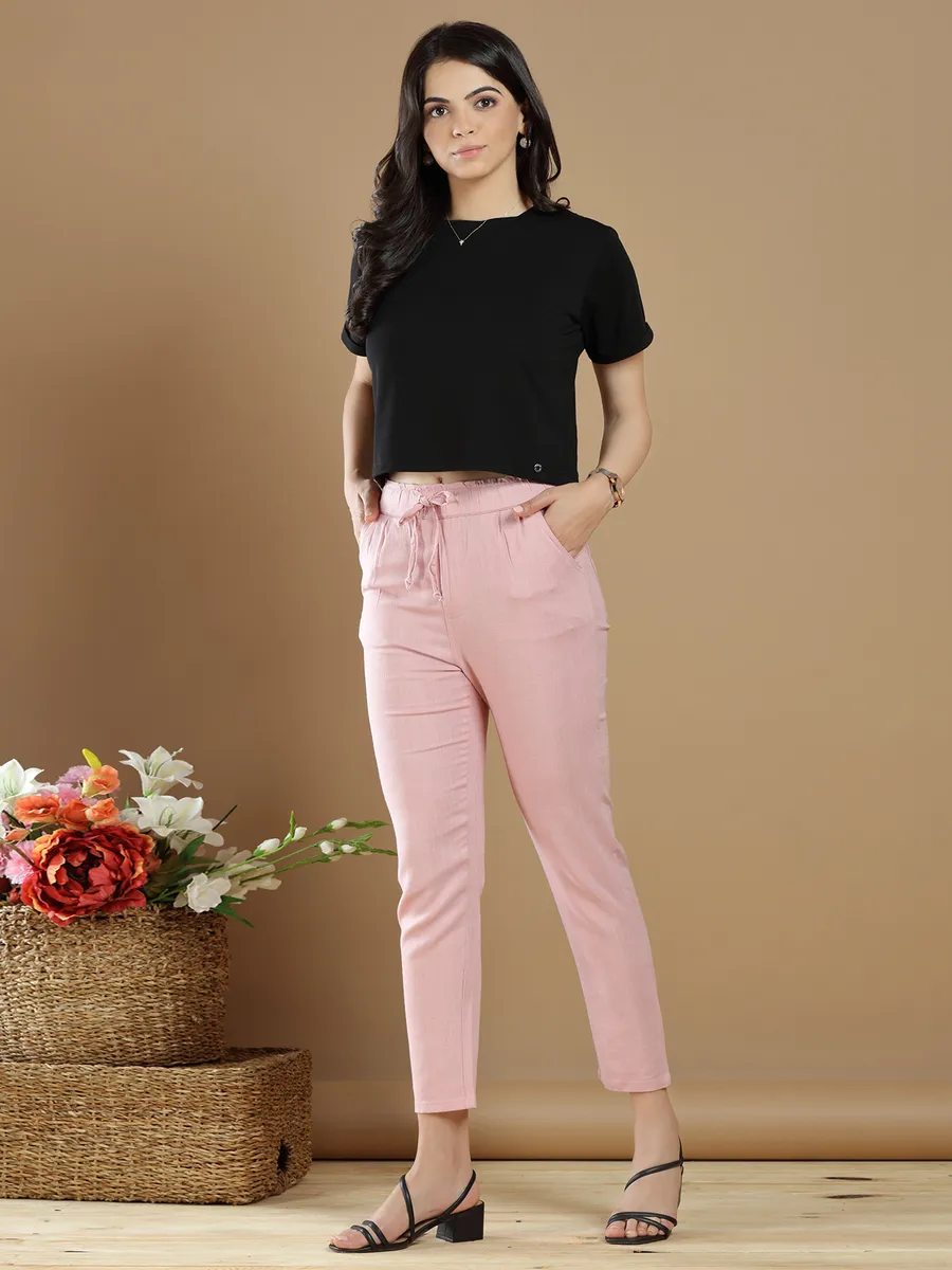 Baby pink linen plain pant for casual wear