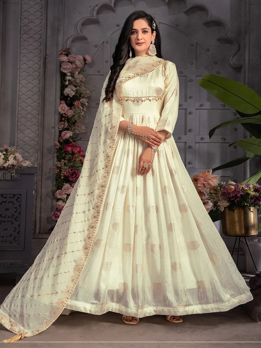 Banarasi silk cream anarkali suit for wedding